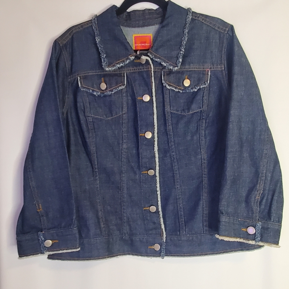Issac Mizrahi Size XXL 2-pocket denim jacket, distressing & colorful stitching